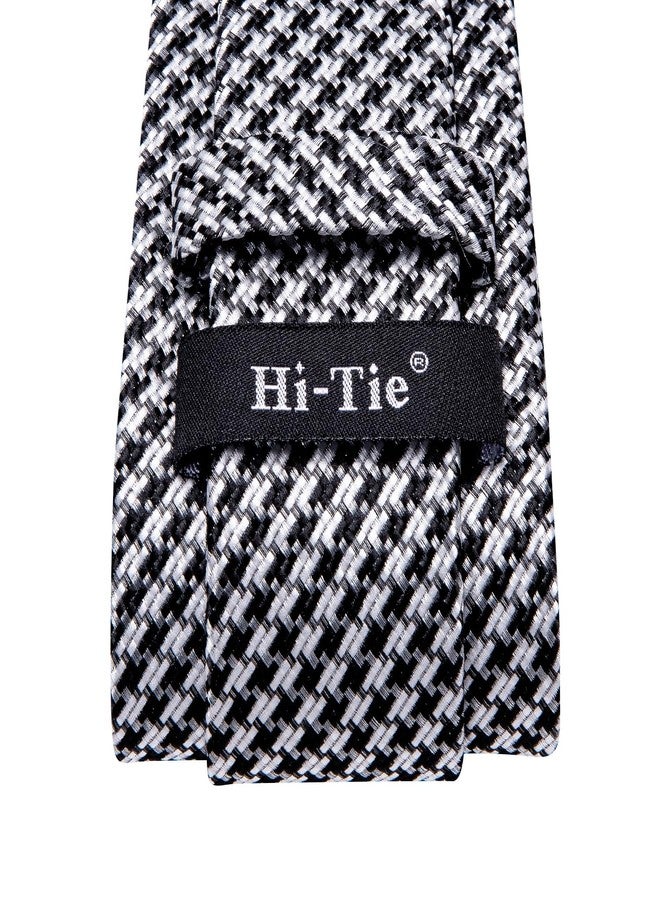 Hi-Tie Mens Plaid Ties Classic Paisley Necktie with Handkerchief Cufflinks Set Business Stripe Tie,Black White Houndstooth - Image 5